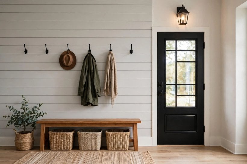 shiplap wall: kitchen island front clad in boards