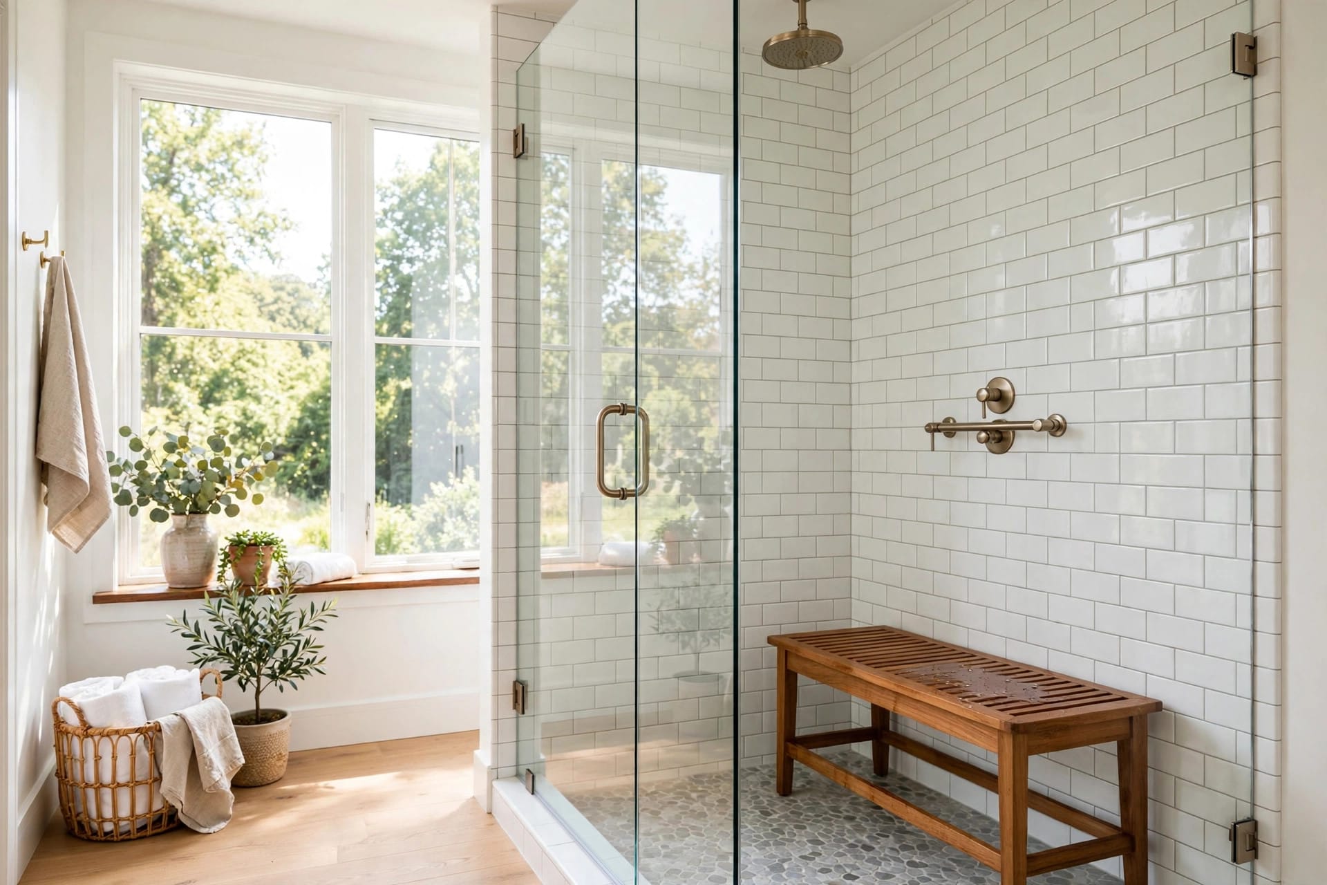 shower bench depth: taped outline of a seat inside a shower