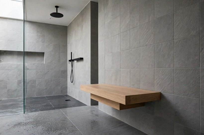 shower bench depth: built-in tiled seat in a corner shower