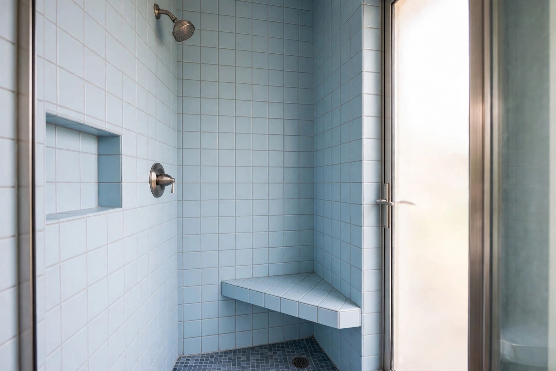 shower bench depth: wooden slatted seat in a wet-room shower