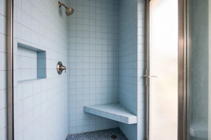 shower bench depth: wooden slatted seat in a wet-room shower