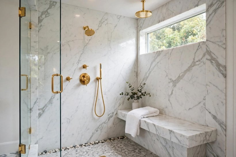 shower bench depth: seat height checked against a seated person