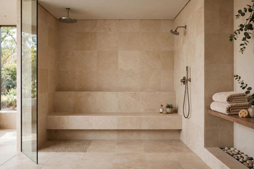 shower bench depth: folding seat folded flat against the wall