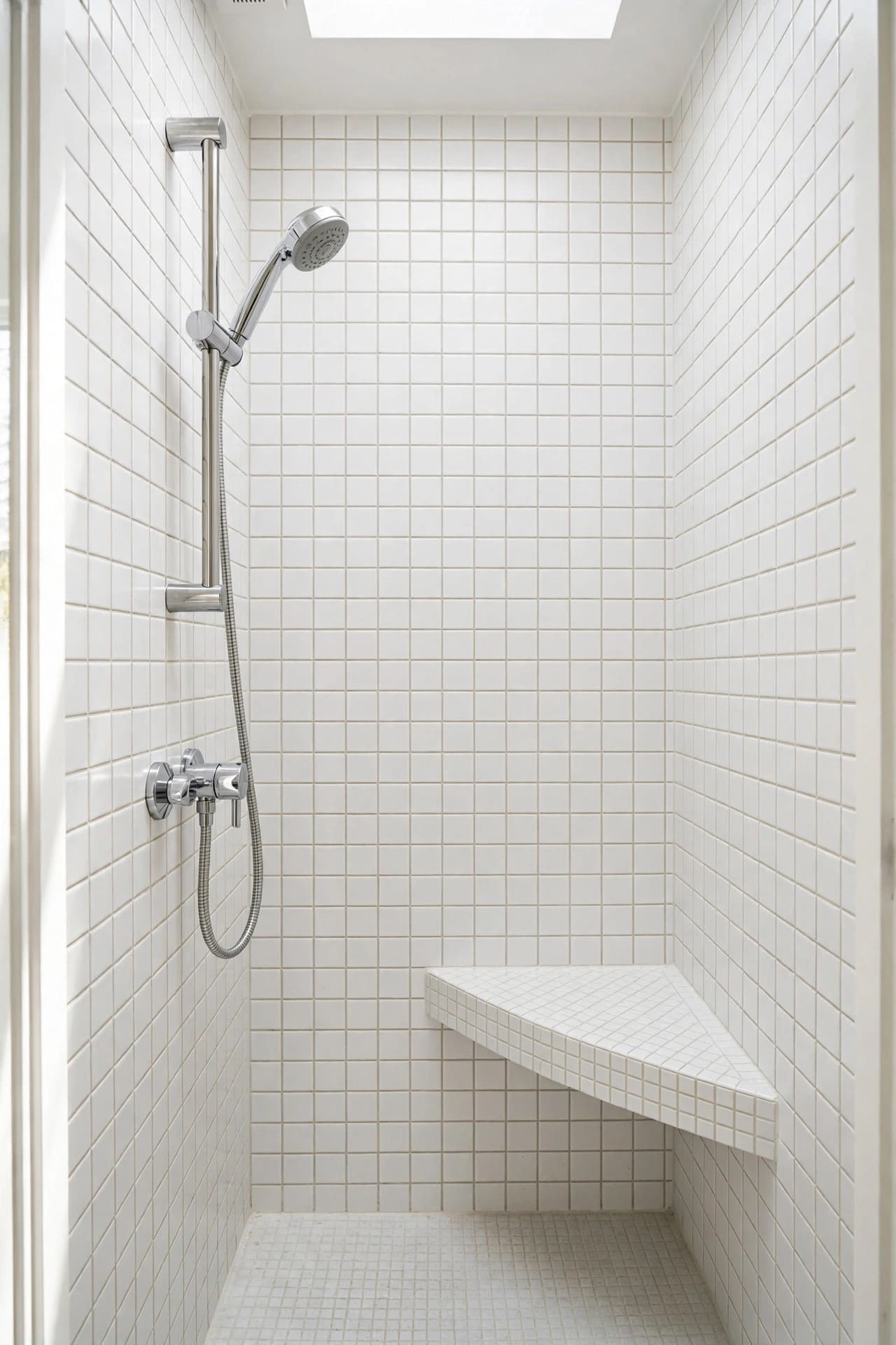 shower bench: built-in tiled bench spanning the back wall