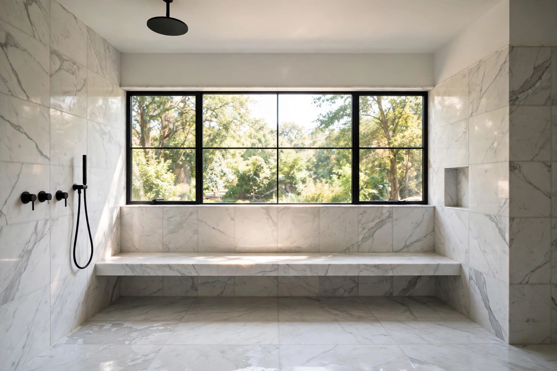 shower bench: warm timber slats beside pale tiles