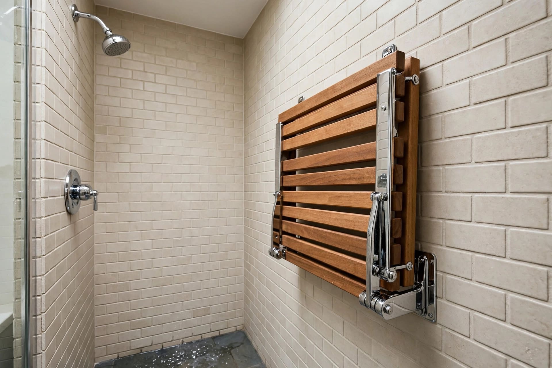 shower bench: comfortable seat height beside a handheld shower