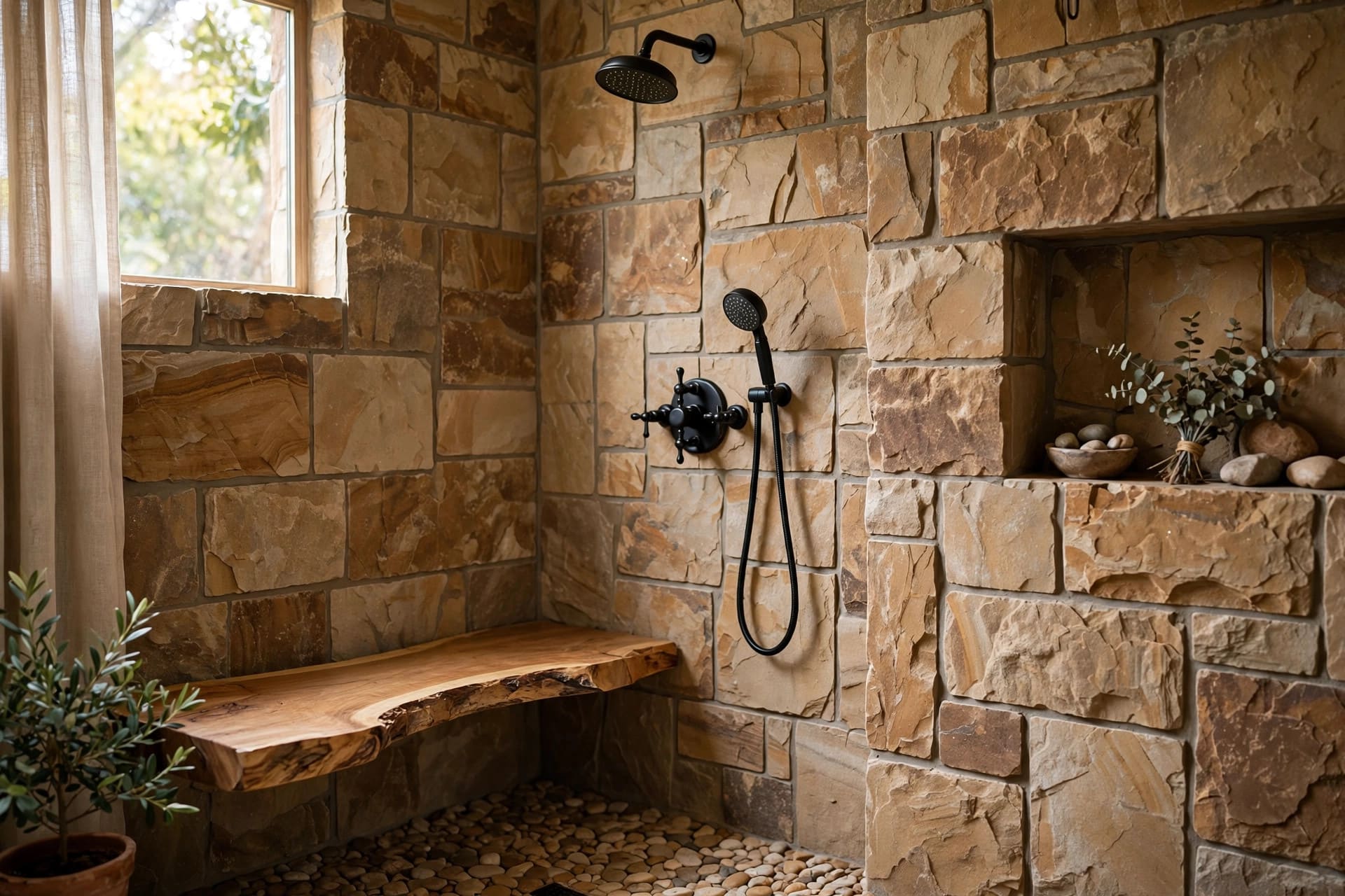 shower bench: sturdy seat with a grab bar within reach