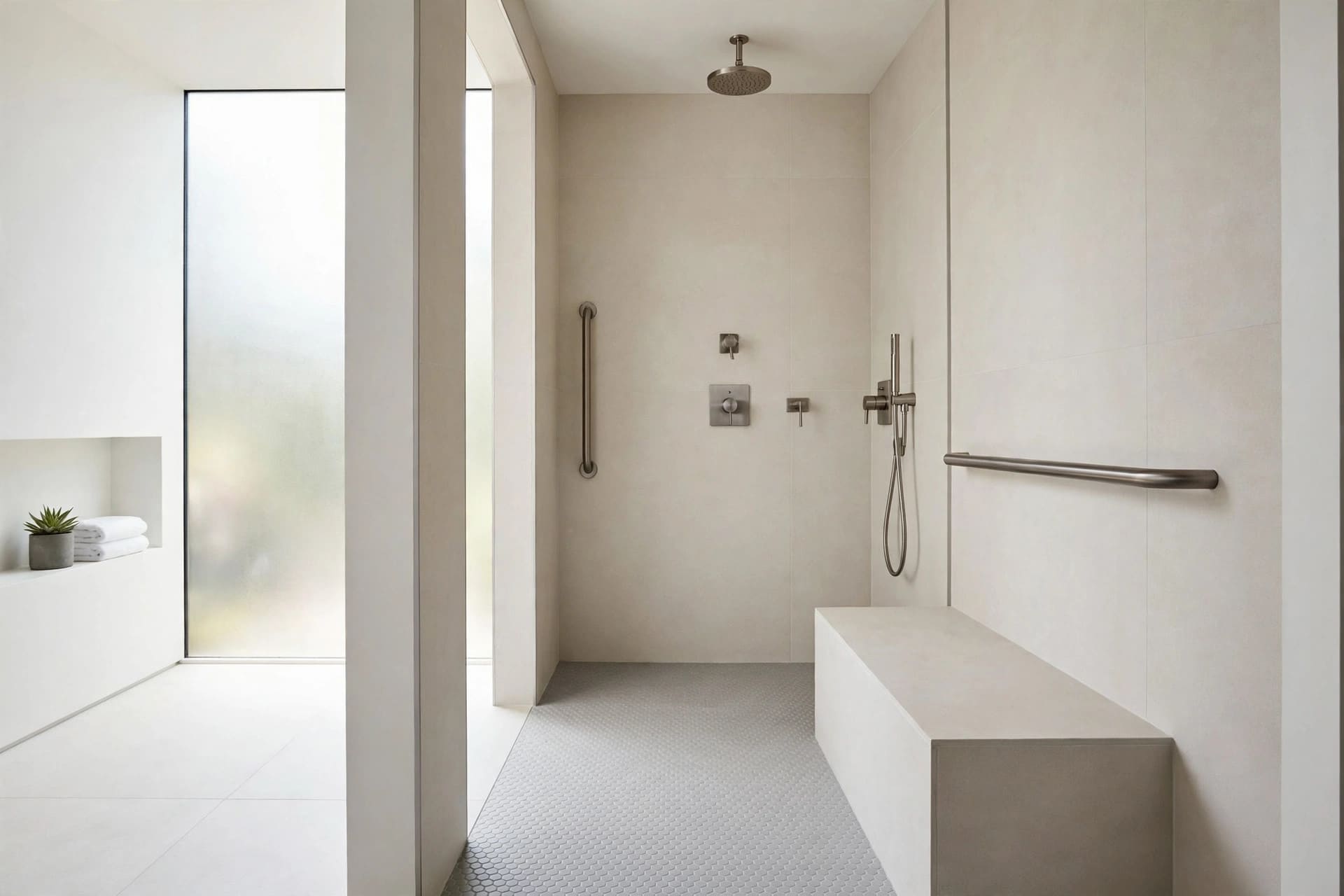 shower bench: seat beside a tiled niche holding bottles
