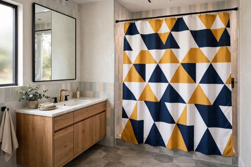 shower curtain ideas: linen-look curtain in a calm neutral bathroom
