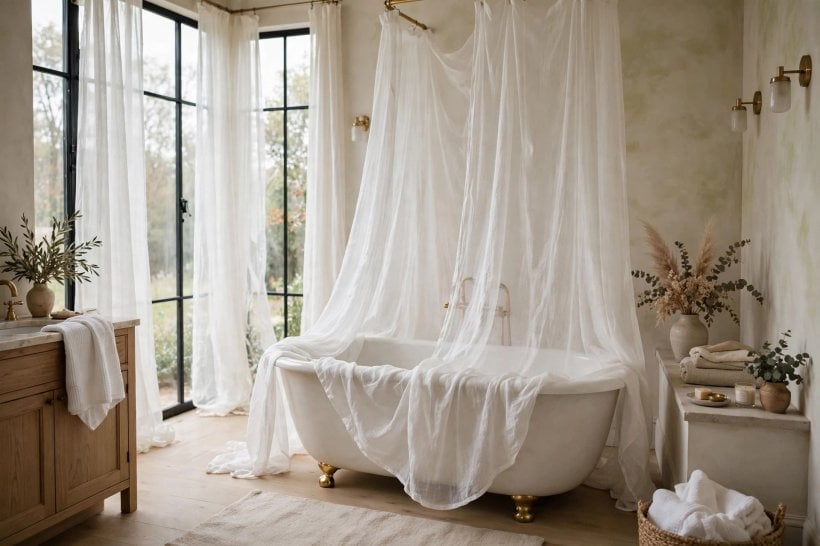 shower curtain ideas: pale spa style curtain with wooden accents