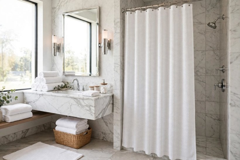 shower curtain ideas: bold coloured curtain in a white bathroom