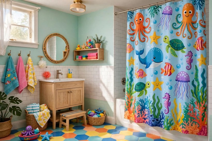 shower curtain ideas: light curtain making a small bathroom feel larger