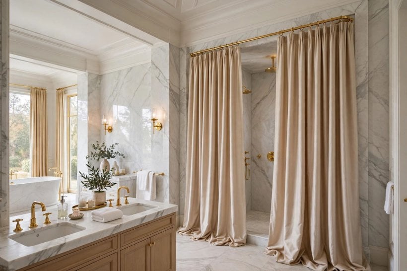 shower curtain ideas: brass rings and rail with a fabric curtain