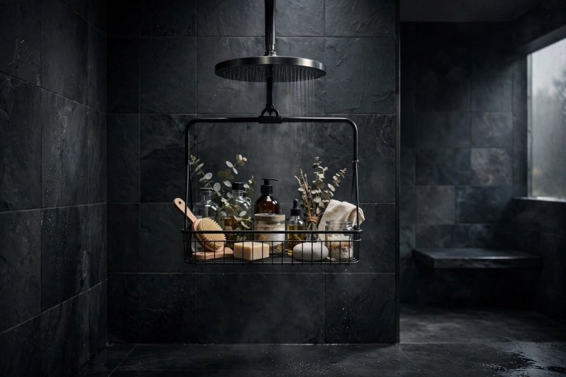 shower shelf ideas: shallow ledge shelf with bottles in a single neat row