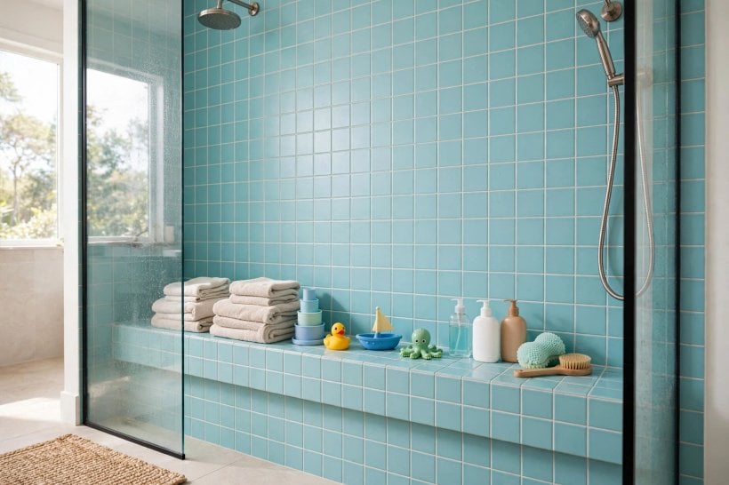 shower shelf ideas: shower bench with storage space underneath for spare bottles