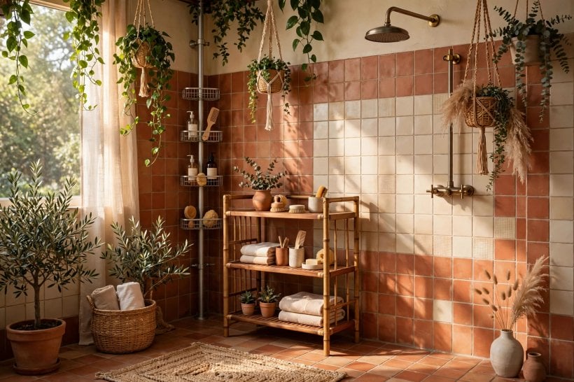shower shelf ideas: hanging baskets and hooks holding washcloths and toiletries
