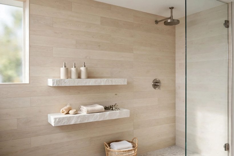 shower shelf ideas: stackable trays and a carry caddy arranged in a shower corner