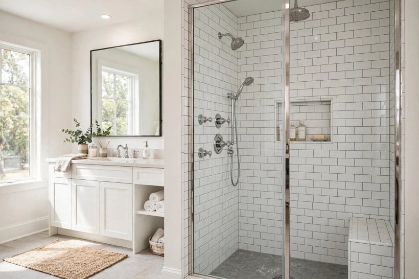 shower tile patterns: straight stack and running bond layouts in a bright shower