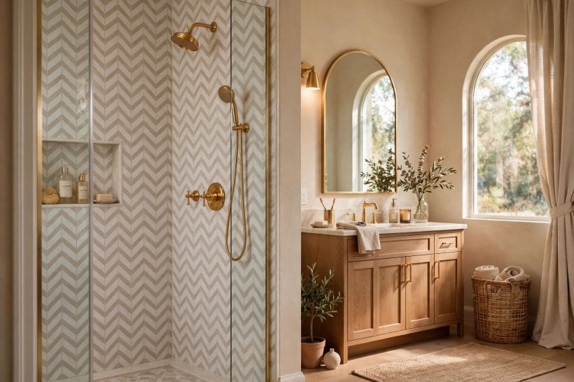 shower tile patterns: large-format stone-effect tiles with minimal grout lines