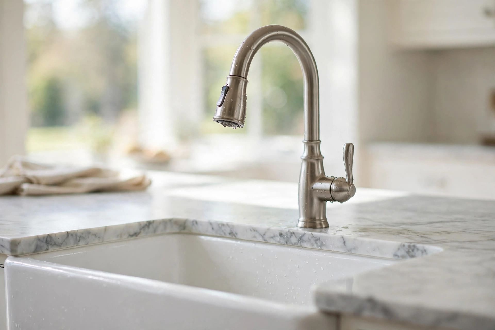 signature hardware: bathroom tap and handles in a warm metal finish
