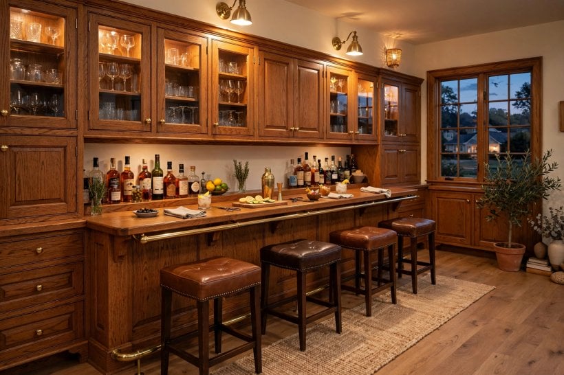 wall bar cabinet designs: base cabinets along one wall