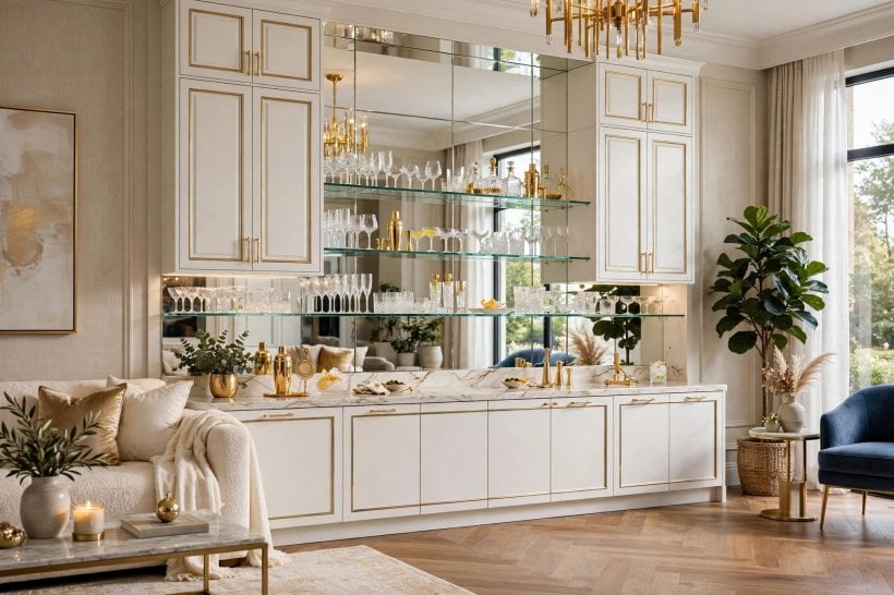 wall bar cabinet designs: lighting above a compact bar