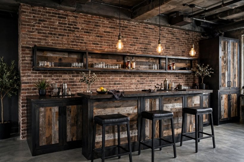 wall bar cabinet designs: stools at a single-wall bar