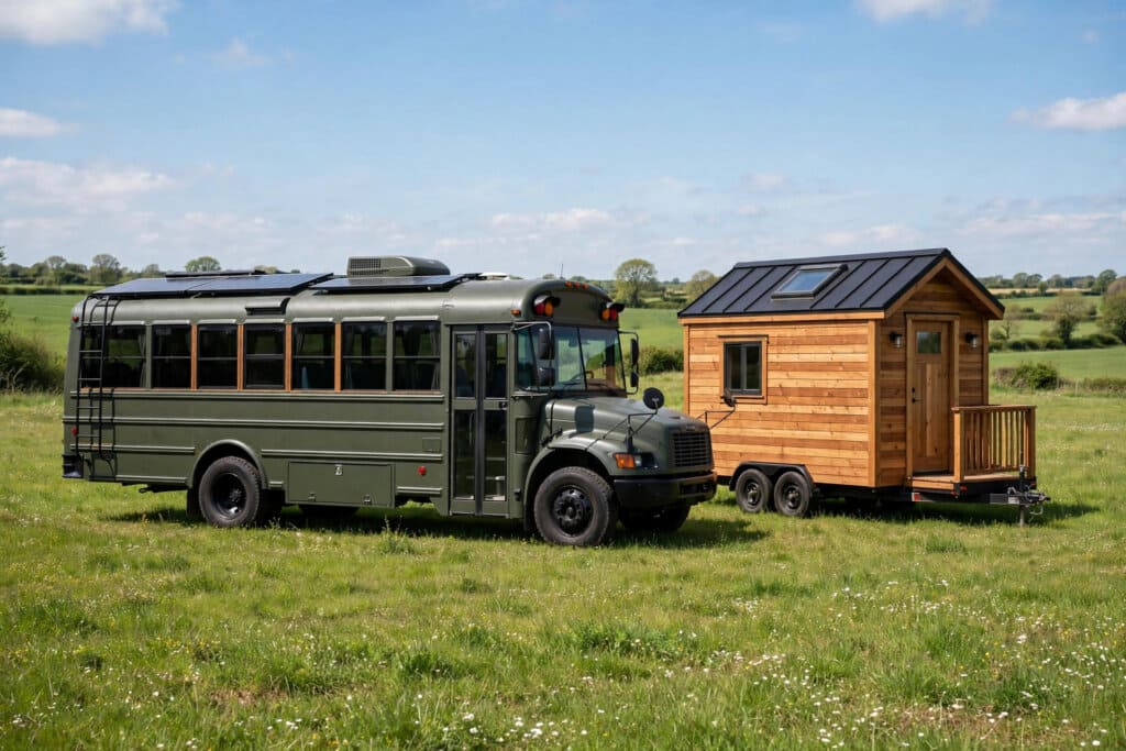 skoolie vs tiny house bus conversion and tiny house on wheels compared