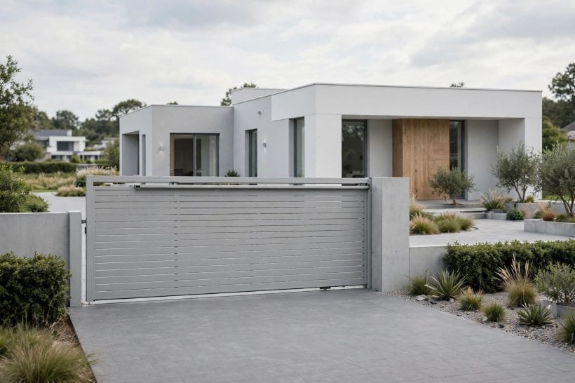 sliding gate: wide entrance gliding open along the fence line
