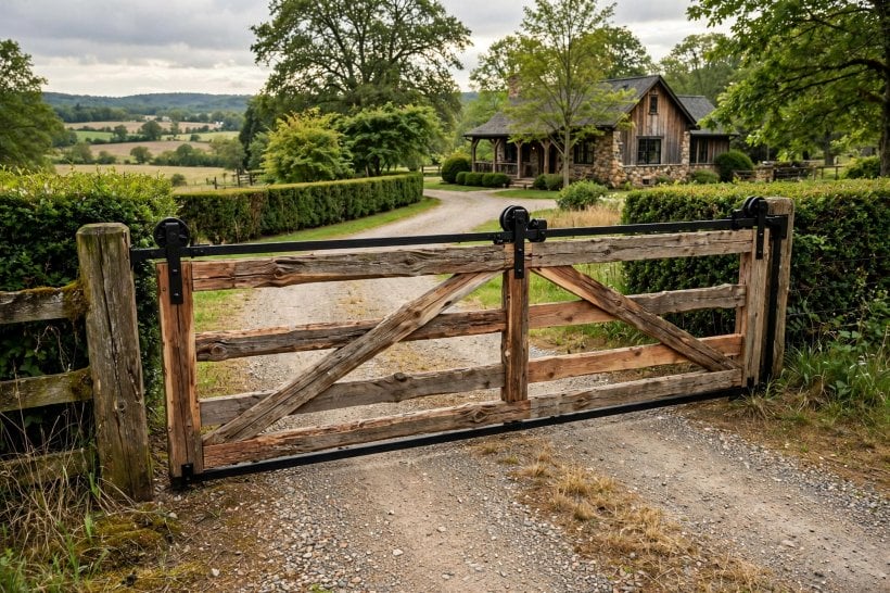 sliding gate: horizontal slatted design in a dark powder-coated finish