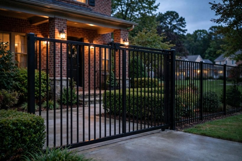 sliding gate: timber infill within a steel frame at a cottage entrance