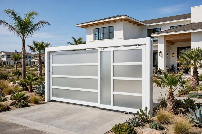sliding gate: cantilever design floating clear of a gravel driveway surface