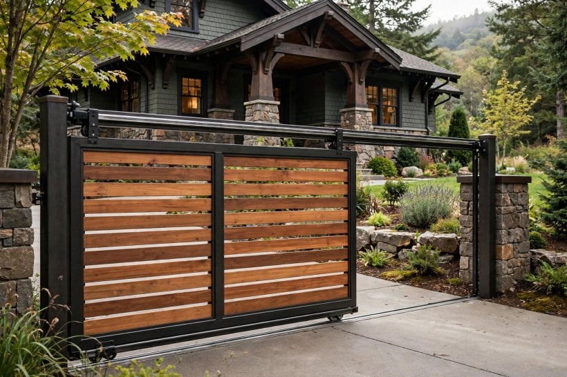 sliding gate: discreet motor and control unit beside the guide post