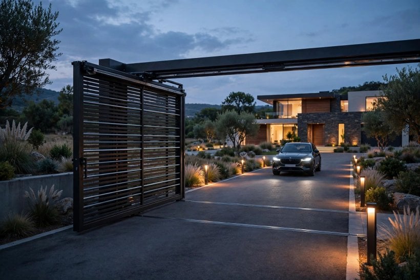 sliding gate: brick piers and lighting framing a finished entrance