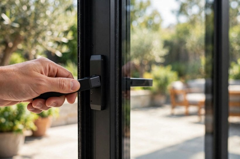 images of glass sliding doors: two-panel sliding door opening a kitchen onto a small paved patio