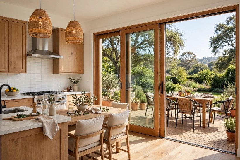 images of glass sliding doors: wide multi-panel doors stacking to one side of an open-plan room