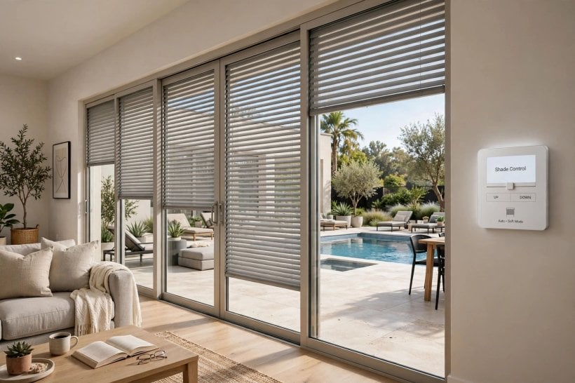images of glass sliding doors: slim dark aluminium frames framing a garden view