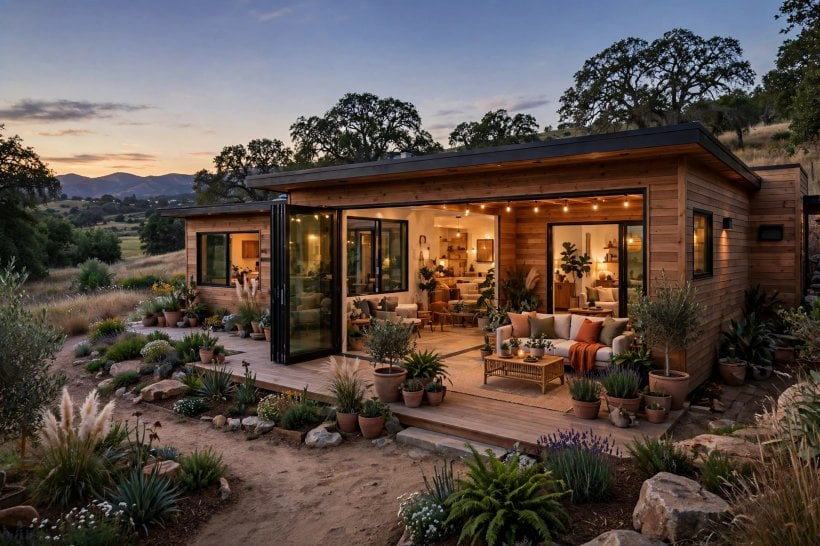 images of glass sliding doors: open glass doors on a wooden cabin opening onto a deck patio at dusk