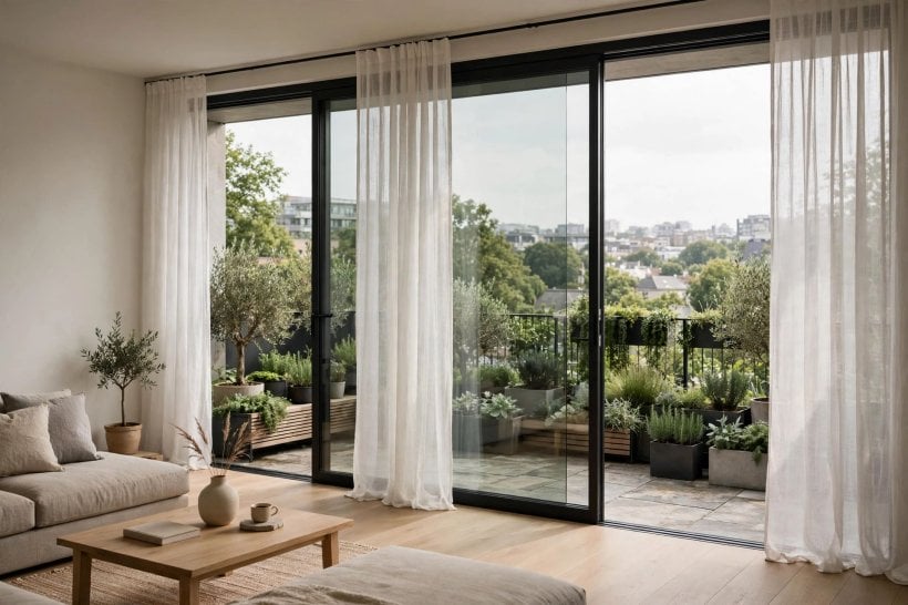 images of glass sliding doors: bright dining space behind well-sealed glazed sliding panels