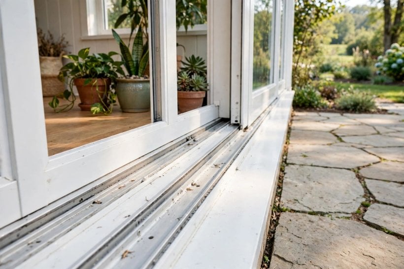 images of glass sliding doors: evening view through locked sliding doors with garden lighting beyond