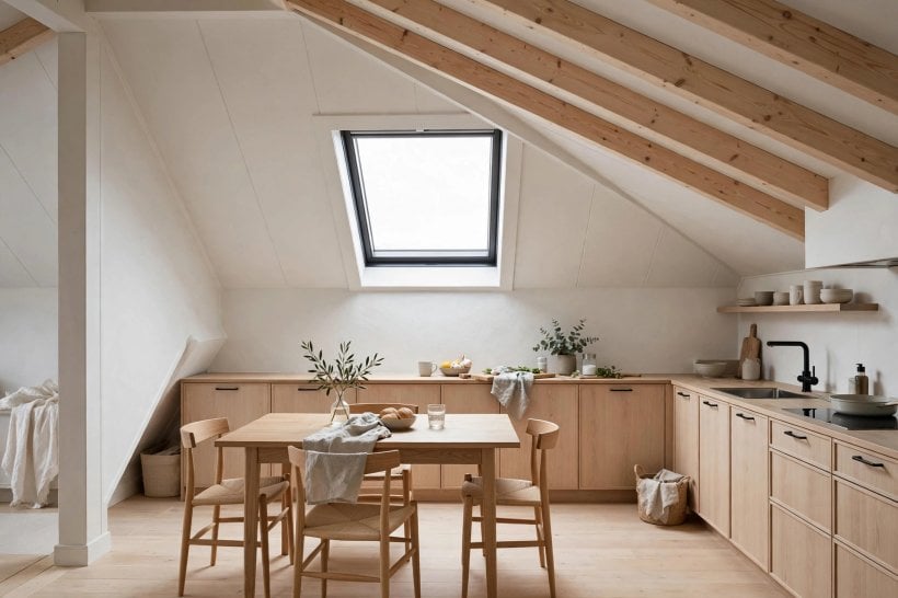 slanted ceiling decor: bed tucked under a slope with its headboard against the low wall