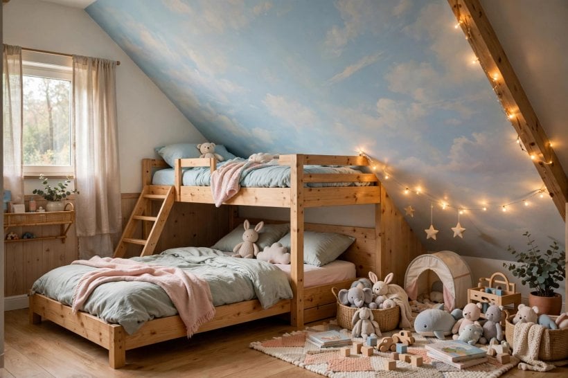 slanted ceiling decor: walls and slope painted in one soft colour for a calm, seamless feel
