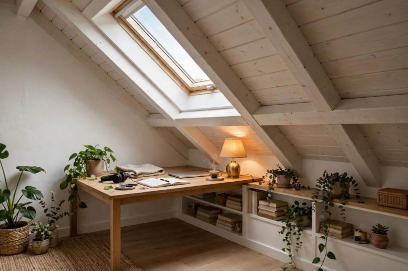 slanted ceiling decor: rooflight in the slope pouring daylight over a cosy attic room