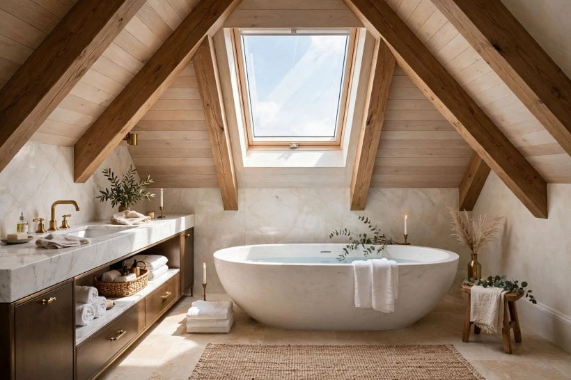 slanted ceiling decor: low, leggy furniture arranged comfortably beneath angled ceilings