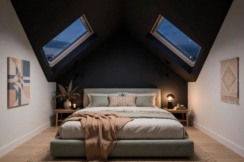 slanted ceiling decor: rug, cushions and throws softening the low side of an attic room
