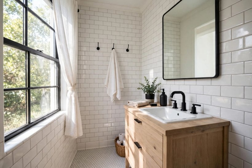 small bathroom remodels before and after: bright white tiles with a floating vanity