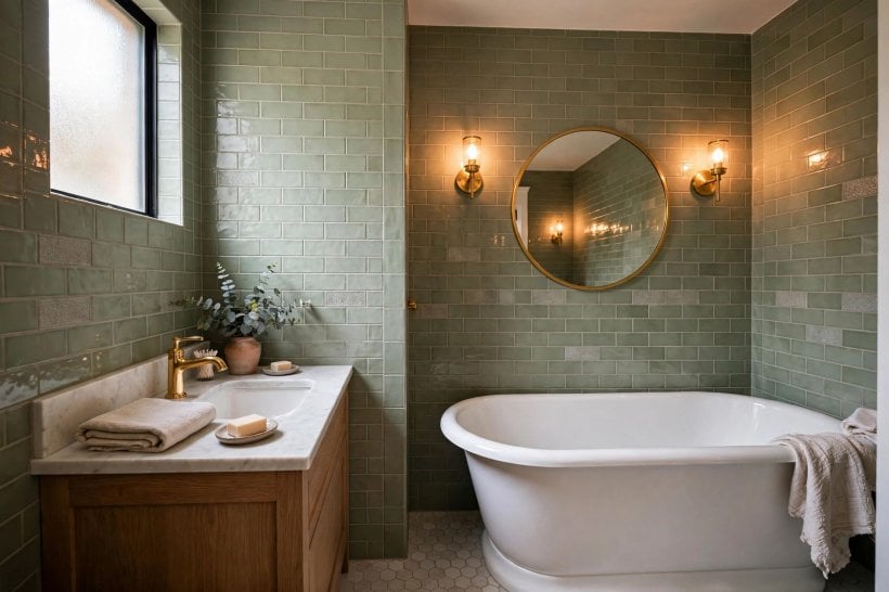 small bathroom remodels before and after: warm wood vanity with a round mirror