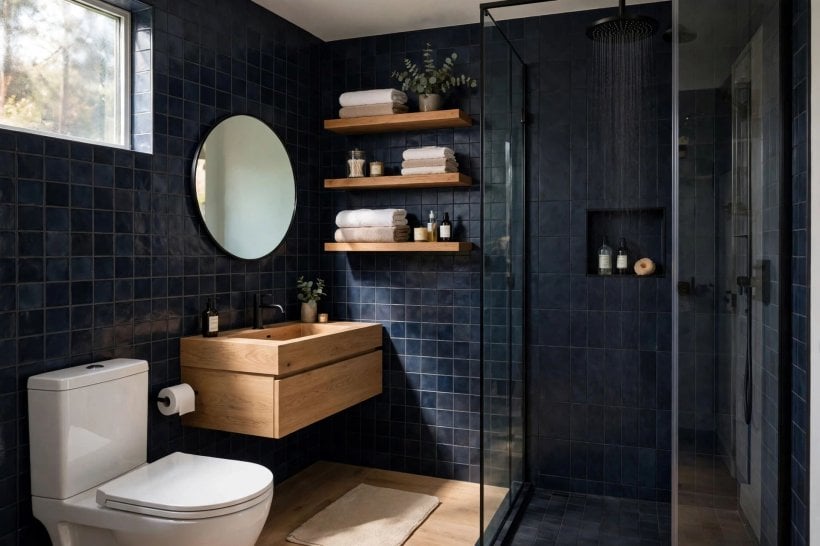 small bathroom remodels before and after: pale blue walls with neat built-in shelves