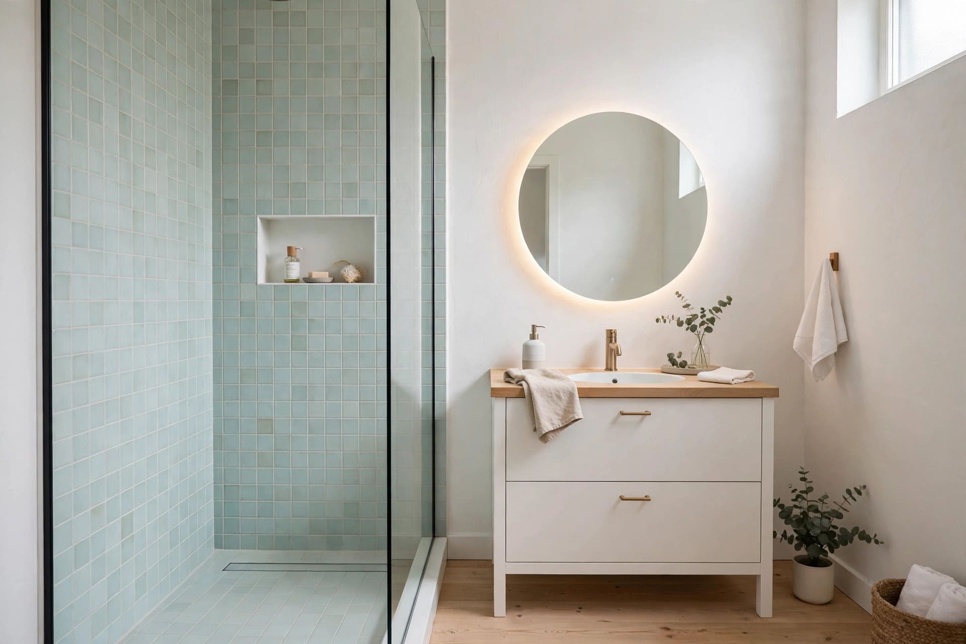 small bathroom remodels before and after: hotel-style sconces with a wall-hung vanity