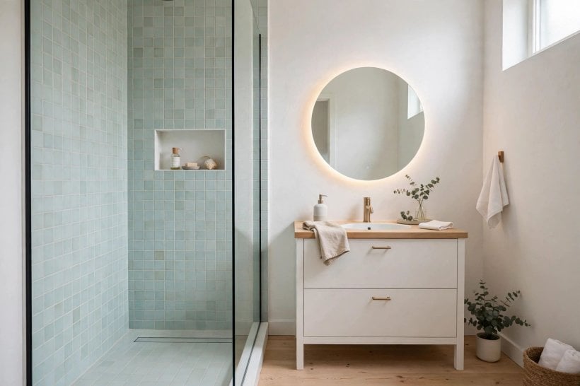 small bathroom remodels before and after: hotel-style sconces with a wall-hung vanity